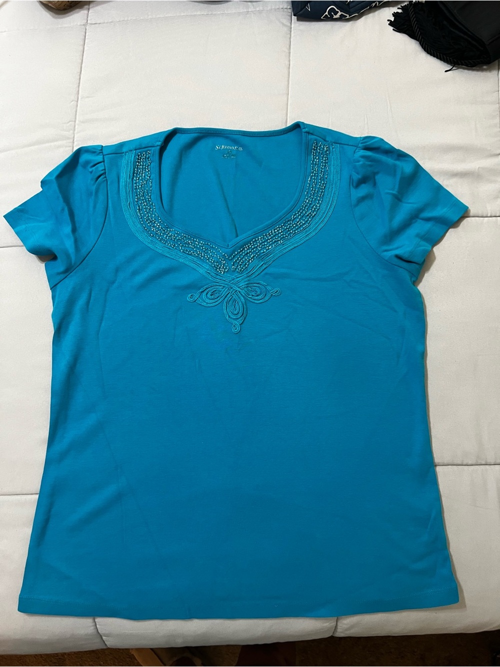 St. John's Bay Turquoise V-Neck Short Sleeve Top with Embellished Neckline
